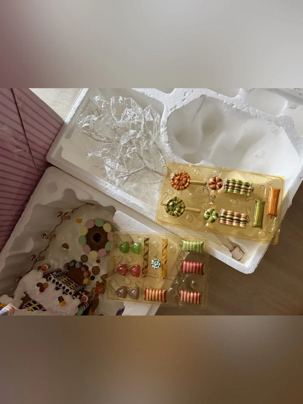 Vintage Costco Pastel Gingerbread House W/ Candy Tree Ornaments Christmas Decor